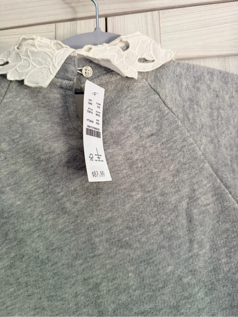 J. Crew Light Gray Sweatshirt with White Floral Lace Collar NWT